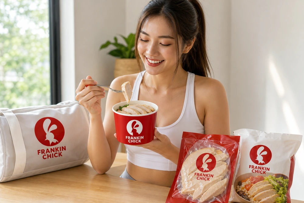 สาวสายออกกำลังกายกำลังทานอกไก่คลีนโปรตีนสูงอย่างมีความสุข