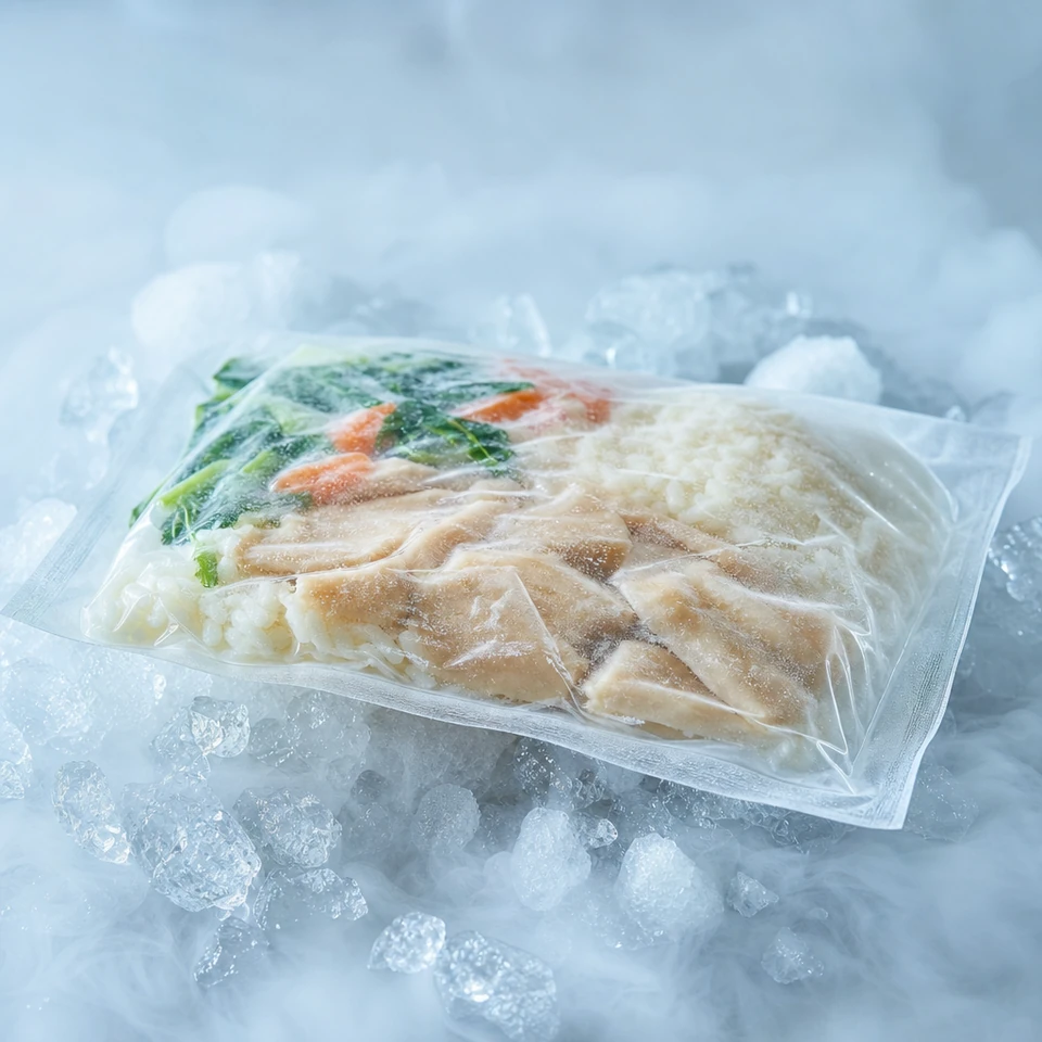 ข้าวกล่องคลีนแช่แข็งในซองสุญญากาศ มีเกล็ดน้ำแข็งและไอเย็น แสดงการถนอมอาหารด้วยความเย็น