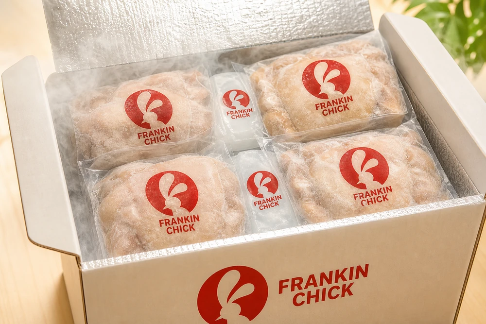 กล่องขนส่งควบคุมอุณหภูมิบรรจุซองอกไก่แช่แข็งพร้อมน้ำแข็งเจล ของ Frankin Chick